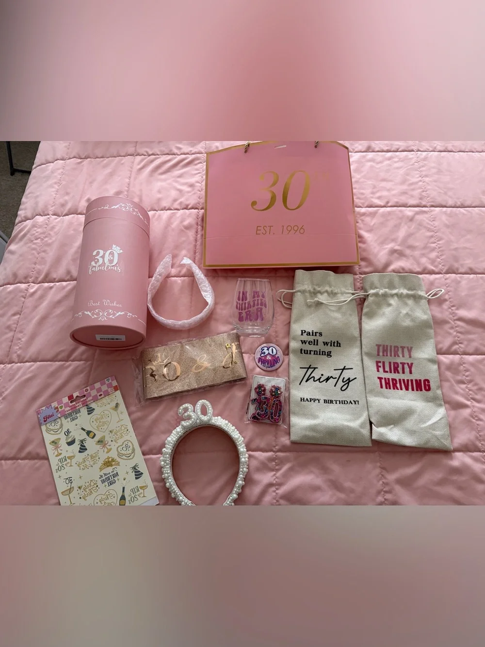 Fabulous 30th Birthday lot Wine Glasses, Sash, Tiara, etc